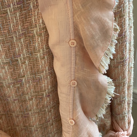 ALBERT NIPON Pink Tweed Ruffle Chiffon Skirt Suit Size 8 - Picture 2 of 14